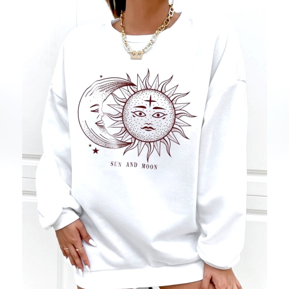SHEIN Oversized White Graphic Hoodie “Sun and Moon”